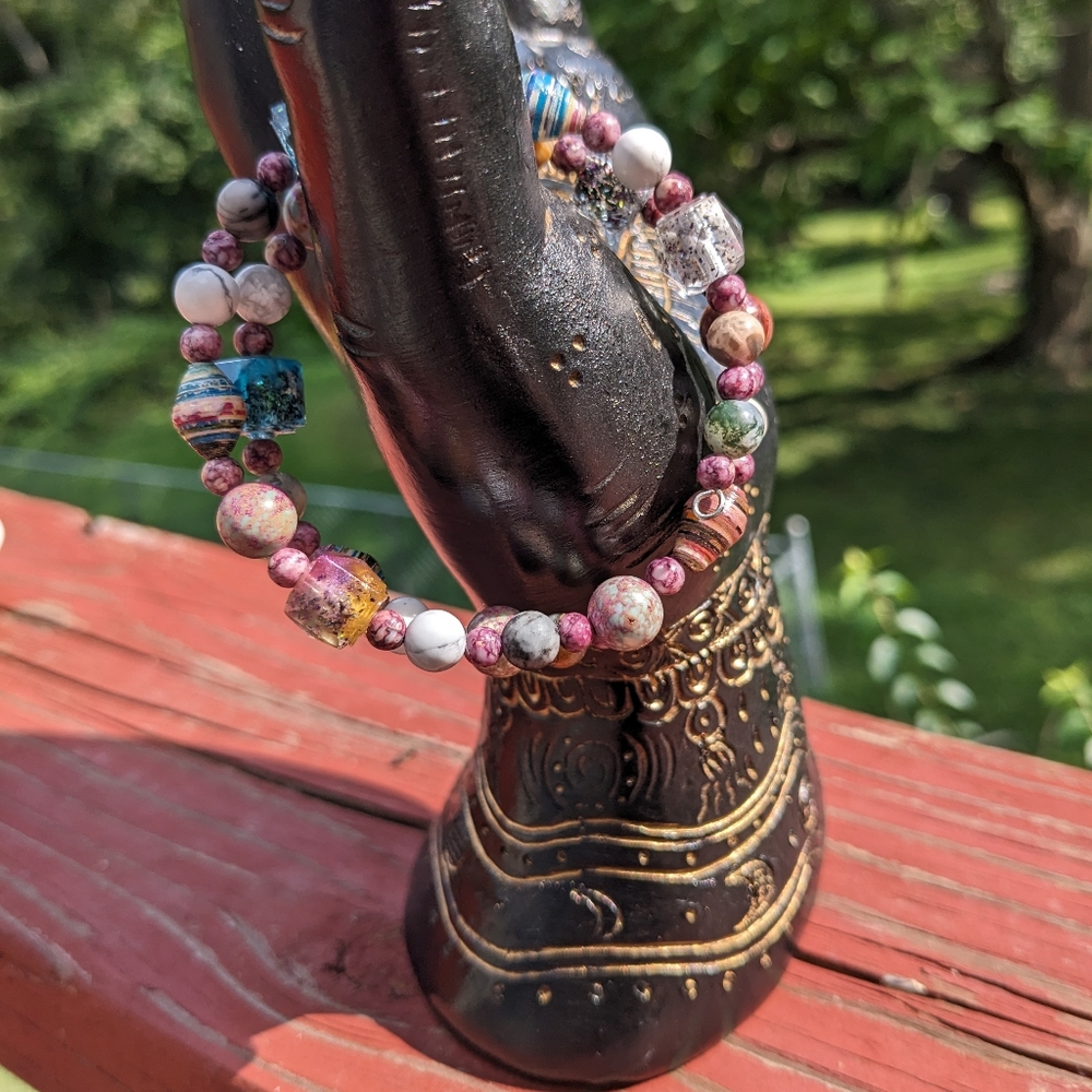 Jasper Energy Bracelet Handmade Colorful Cute Rainbow Upcycled Paper Beads - Picture 11 of 13
